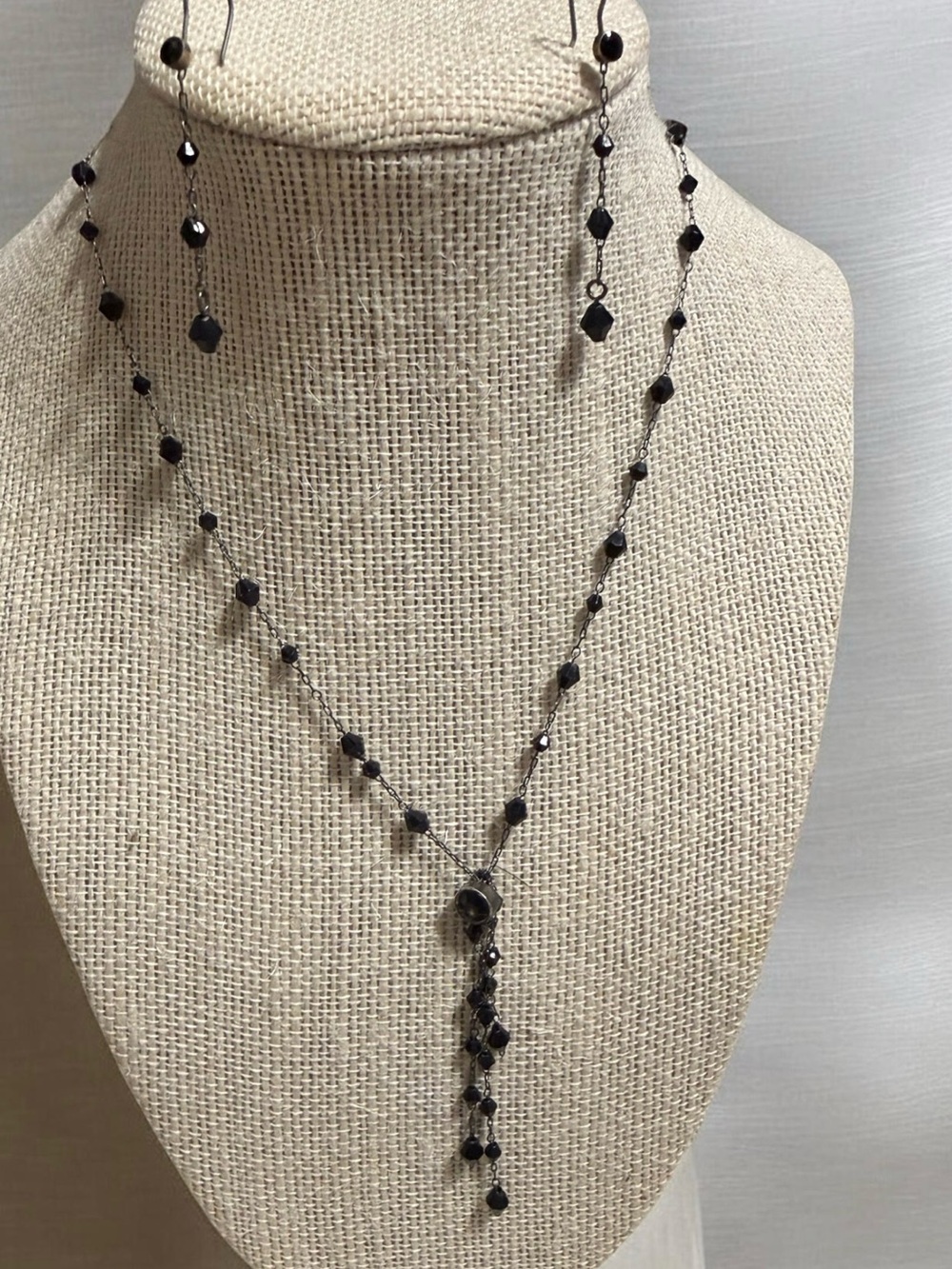 Vintage Black Beaded Drop Necklace and Earrings Set